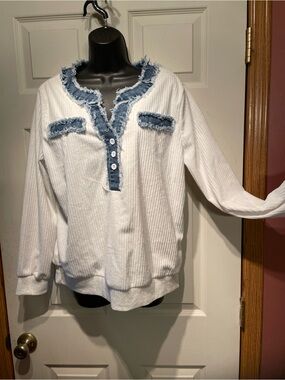White Ribbed Henley Sweater with Frayed Denim Trim